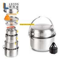Factory Customized 4-6 Person Campfire Cooking Pots Pan and Kettle 304 Stainless Steel Camping Cookware Set with Travel Tote Bag