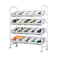 Mobile Four-Tier Tool Storage Rack with Angled Plastic Bins Rolling Cart for Kitchen Organization and Household Items