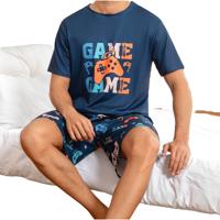 Autumn and Winter Plus Size Men's 150g Cotton Knitted Digital Printed Casual Short Sleeve Pajamas Suit Round Neck Sleepwear