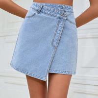 Elite Custom Girls Loose Fitting Asymmetric Denim Knee-Length A-Line Casual Autumn Winter Skirt Belt Button Diamonds