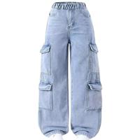 Light Blue Girls' Loose Children's Solid High Distressed Denim Cargo Pants Multi-Pocket Design Elastic Waistband Belt Loops